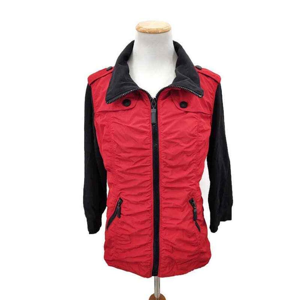 Chico's Zenergy Red Black ruched LightWeight jacket Medium 3/4 sleeve